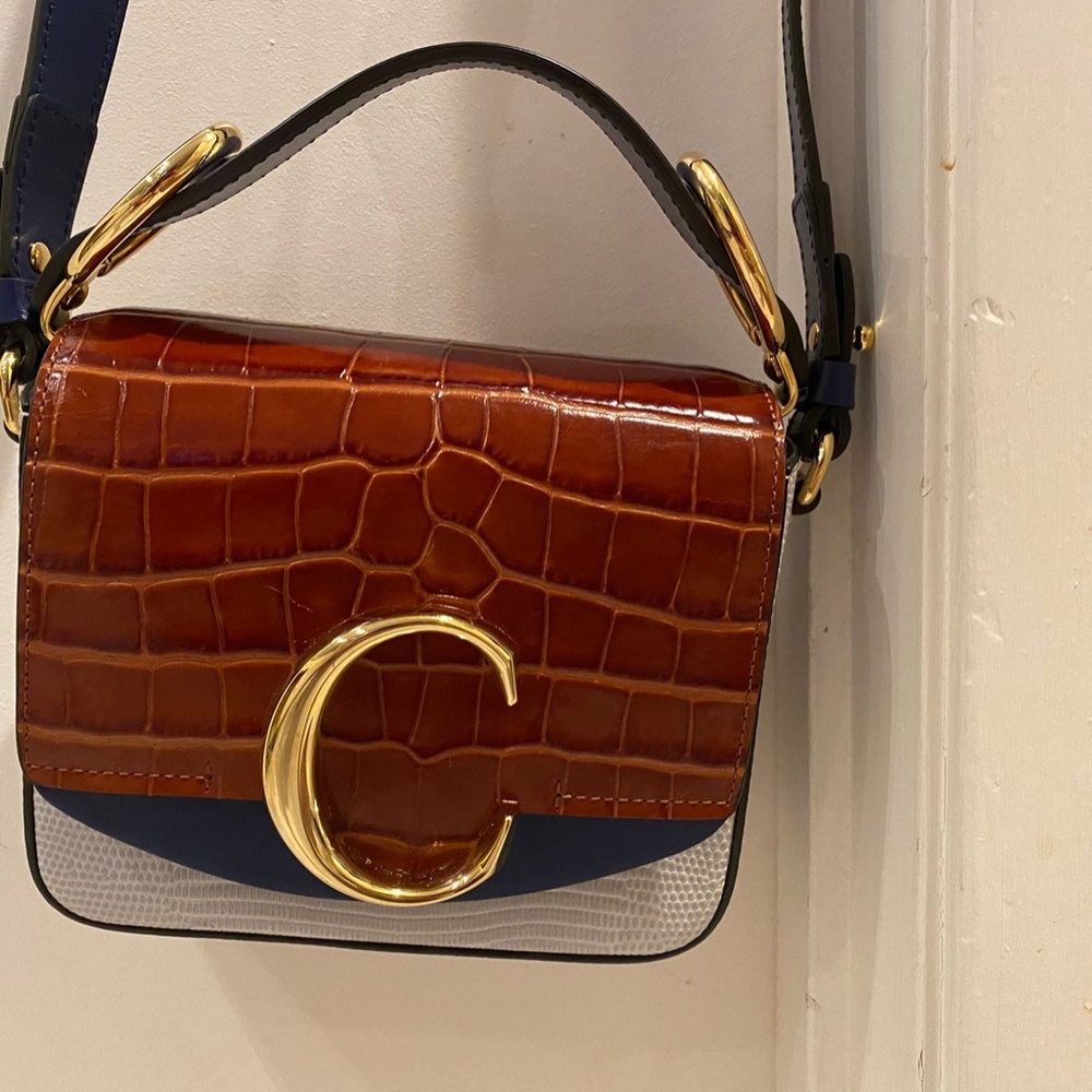 Chloé Tricolor Croc-Effect C Mini Crossbody - Brown, Blue, White, Gold - Picture 2 of 6
